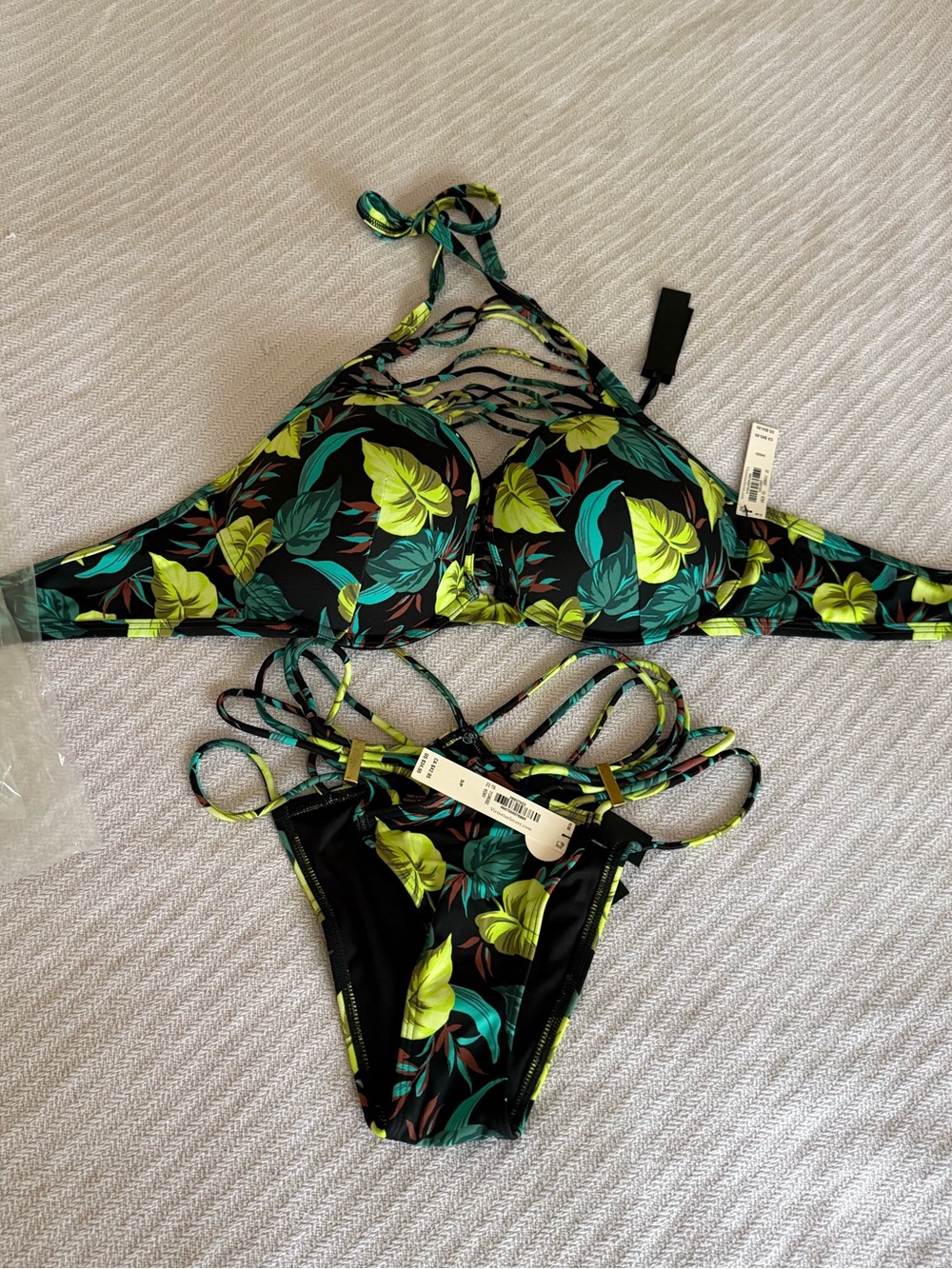Xhilaration Black Bikini Set with Lime & Teal Leaf Print,Victoria secret 34DD
